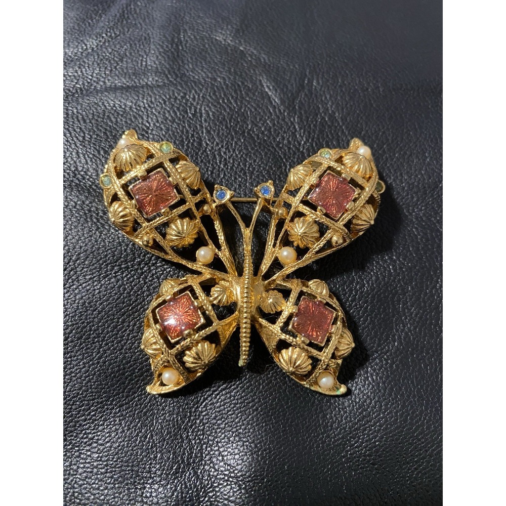 Avon 1994 Beautiful Butterfly Brooch Gold Tone Filigree Rhinestone Enamel Insect